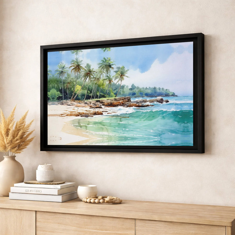 Tropical Beach Canvas Wall Art | Watercolor Palm Tree Ocean Scene | Gallery-Wrapped Premium Canvas | Coastal Home Decor Gift