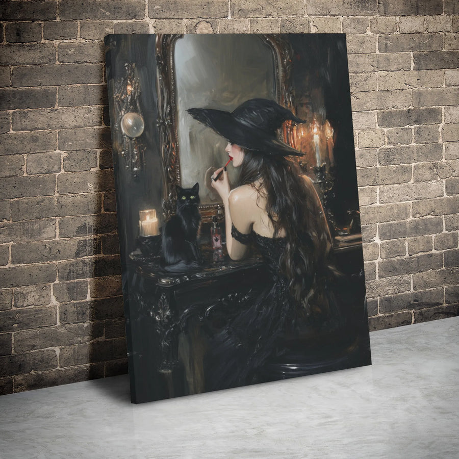 Witch Wall Art Canvas | Gothic Black Cat Vanity Portrait | Premium Gallery Wrapped Decor | Spooky Witchy Aesthetic Gift for Her