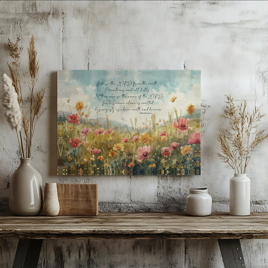 Psalm 148 Scripture Wall Art | Watercolor Wildflower Meadow Landscape | Premium Gallery-Wrapped Canvas | Religious Christian Home Decor Gift