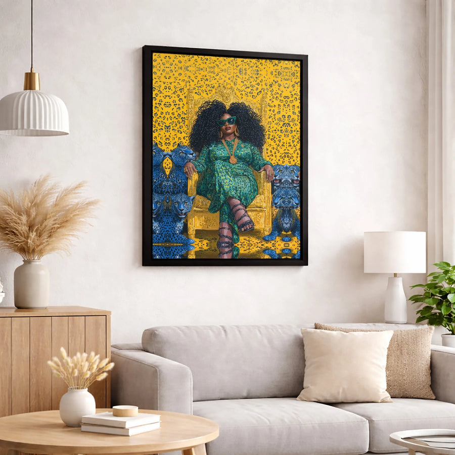 Black Queen Canvas Wall Art | Afrocentric Portrait with Blue Leopards | Premium Gallery-Wrapped Print | Empowering Home Decor Gift for Her