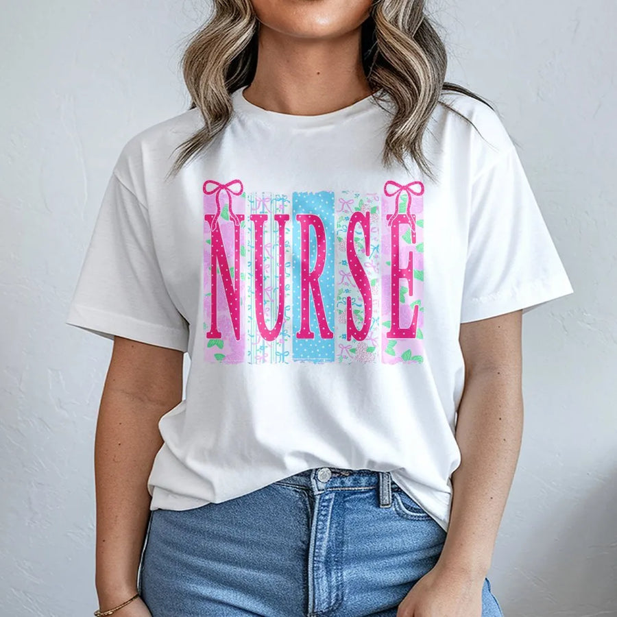 Coquette Nurse T-Shirt | Ditsy Floral & Bow Pattern Pullover | Soft Cotton Blend | Premium Gift for RN, NICU Nurse, Nursing Student