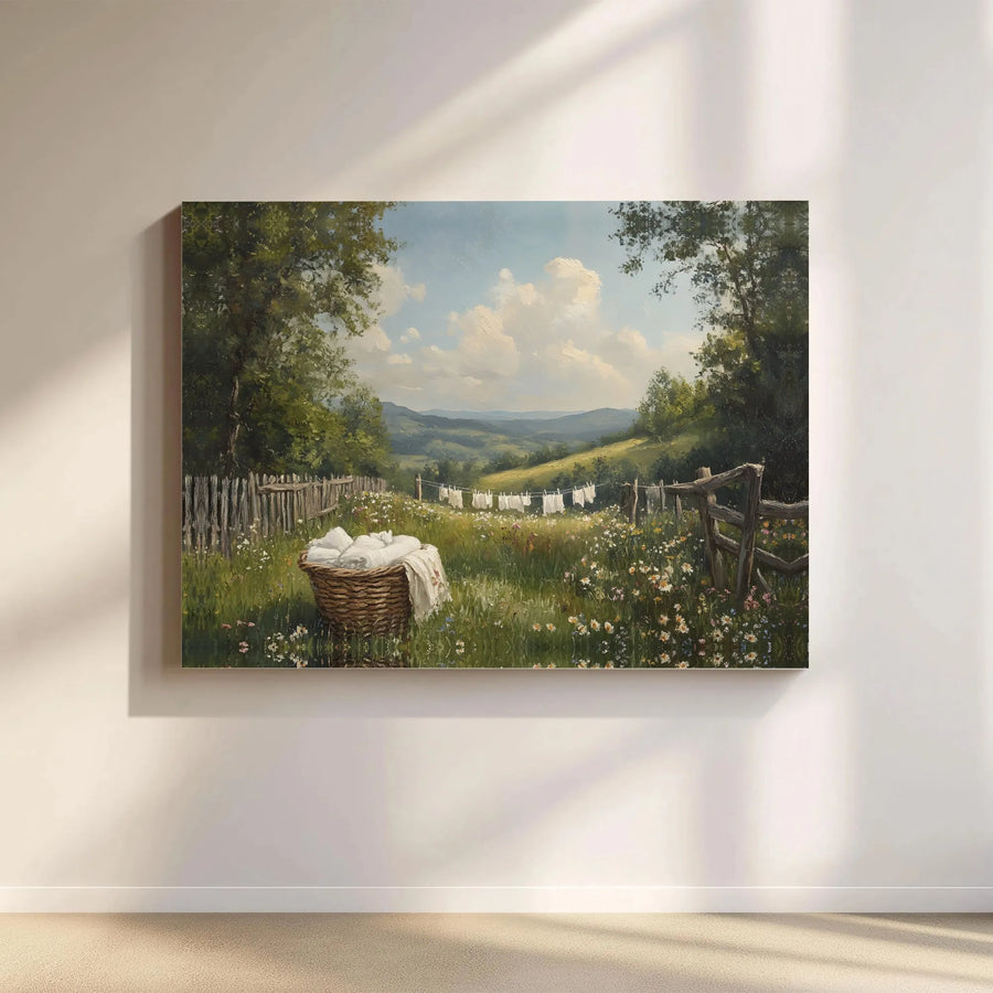 Vintage Countryside Landscape Canvas | Wildflower Meadow Laundry Line Art | Premium Gallery Wrapped Print | Farmhouse Home Wall Decor