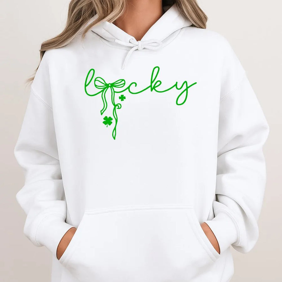 Lucky Shamrock Hoodie | Cute Bow Clover Graphic Design | Premium Cotton-Polyester Blend | St Patricks Day Gift For Women & Teens
