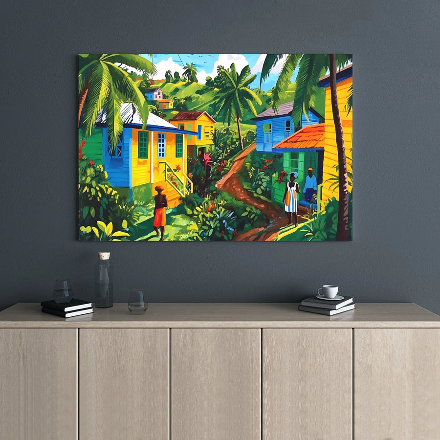 Caribbean Village Canvas Wall Art | Tropical Island Landscape Print | 1.25 Inch Gallery Wrap Premium Canvas | Vibrant Home Decor for Tropical Lovers