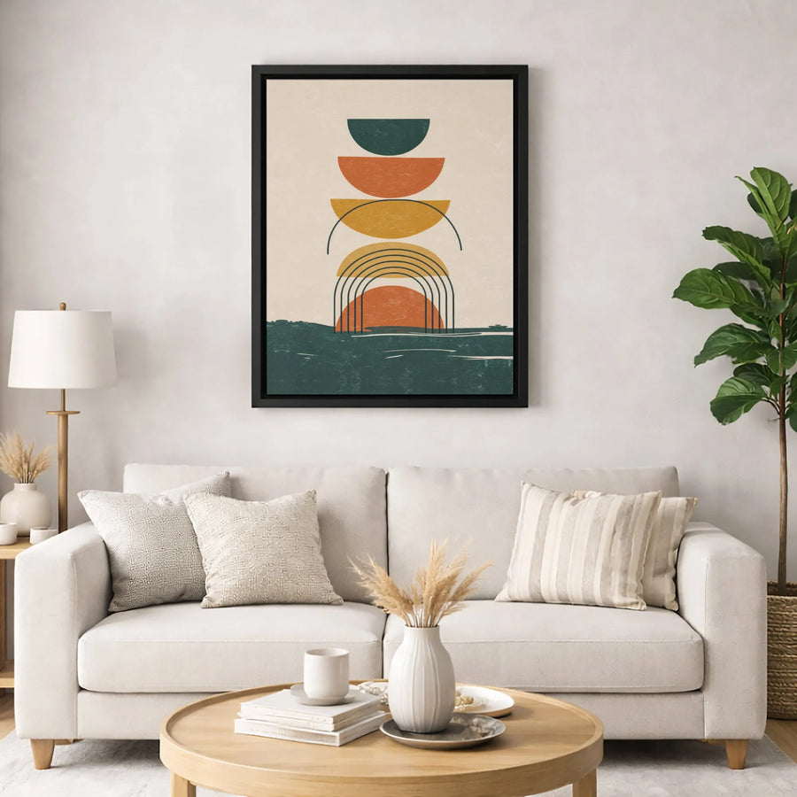 Abstract Geometric Wall Art | Boho Sun And Rainbow Arches | Premium Gallery Wrapped Canvas | Minimalist Home Decor Gift