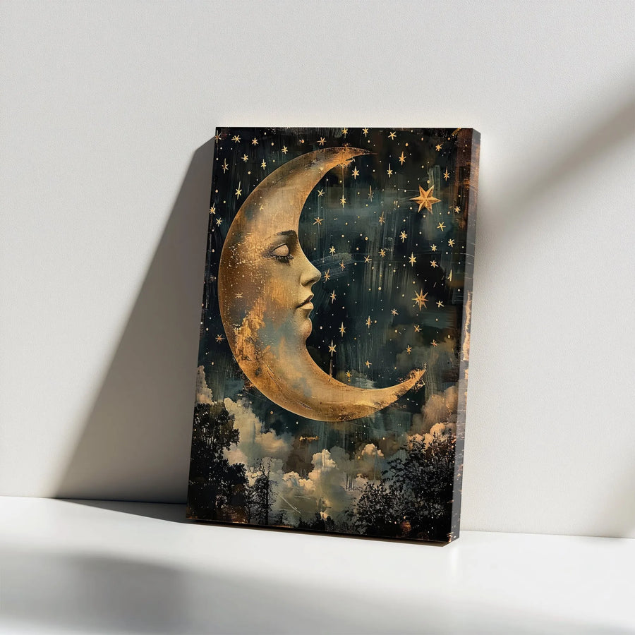 Crescent Moon Face Canvas Art | Vintage Celestial Starry Night Print | Premium Gallery Wrapped Wall Decor | Whimsical Bedroom Art Gift