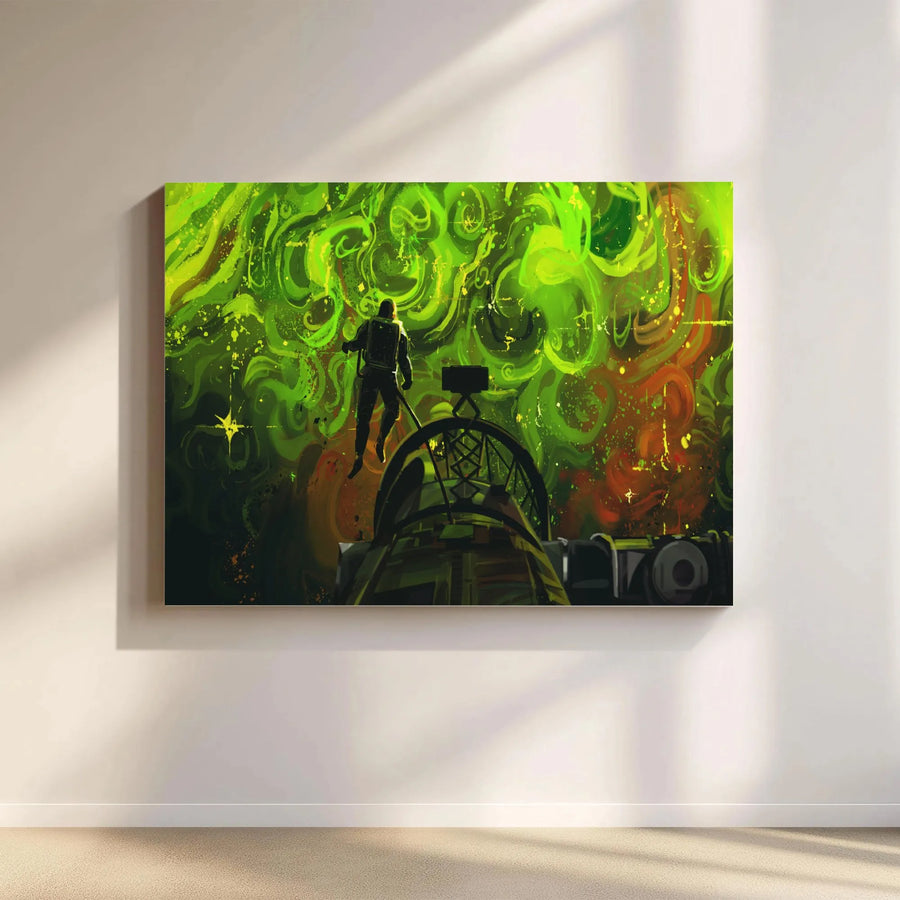 Astronaut Space Fishing Horizontal Canvas | Surreal Sci-Fi Neon Green Nebula Wall Art | Premium 1.25 Inch Gallery Wrap | Unique Gift for Gamers and Cosmic Art Collectors