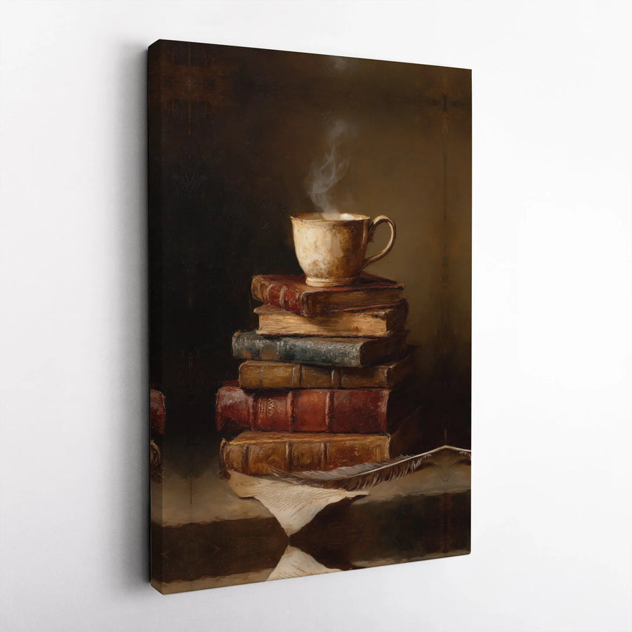 Vintage Books and Coffee Canvas Wall Art | Still Life Quill Pen Illustration | Premium Gallery Wrap Decor | Aesthetic Home Office Gift