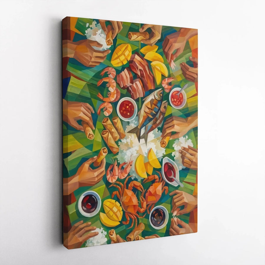 Filipino Boodle Fight Canvas Wall Art | Kamayan Feast Geometric Food Print | Premium Gallery Wrapped Decor | Kitchen Dining Room Gift