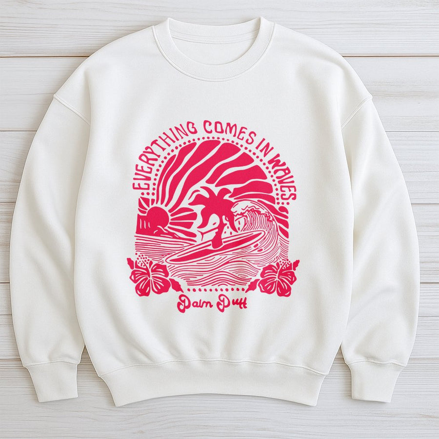 Surfing Graphic Sweatshirt | Everything Comes In Waves Retro Design | Premium Cotton Blend | Gift For Surfers And Beach Lovers