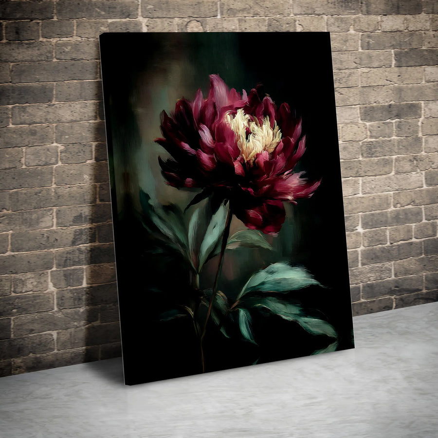 Dark Floral Canvas Wall Art | Vintage Moody Peony Painting | Premium Gallery Canvas | Elegant Home Decor Gift