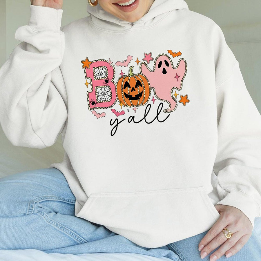 Boo Y'all Halloween Hoodie | Cute Pumpkin Ghost Graphic | Premium Cotton Blend | Spooky Fall Sweatshirt Gift for Women
