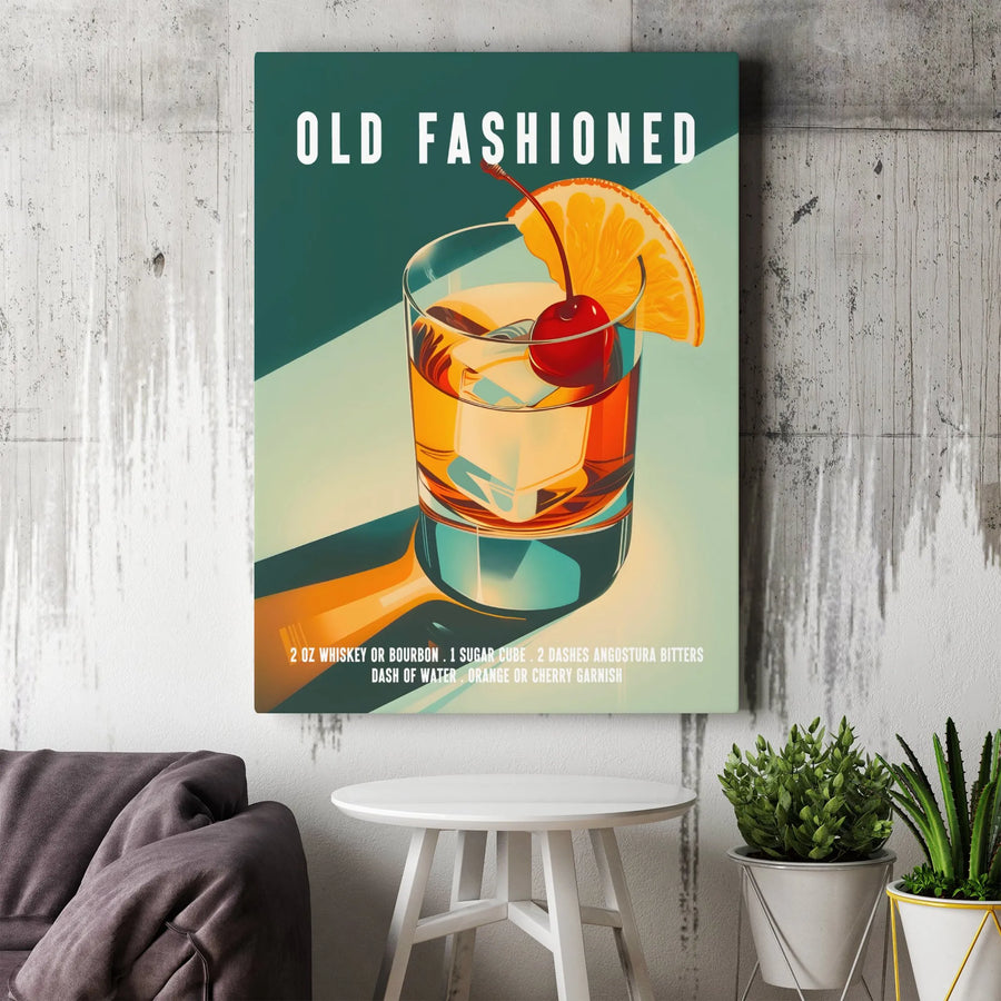 Old Fashioned Cocktail Canvas Print | Retro Recipe Art Illustration | Premium Thick Gallery Canvas | Home Bar Decor & Whiskey Lover Gift