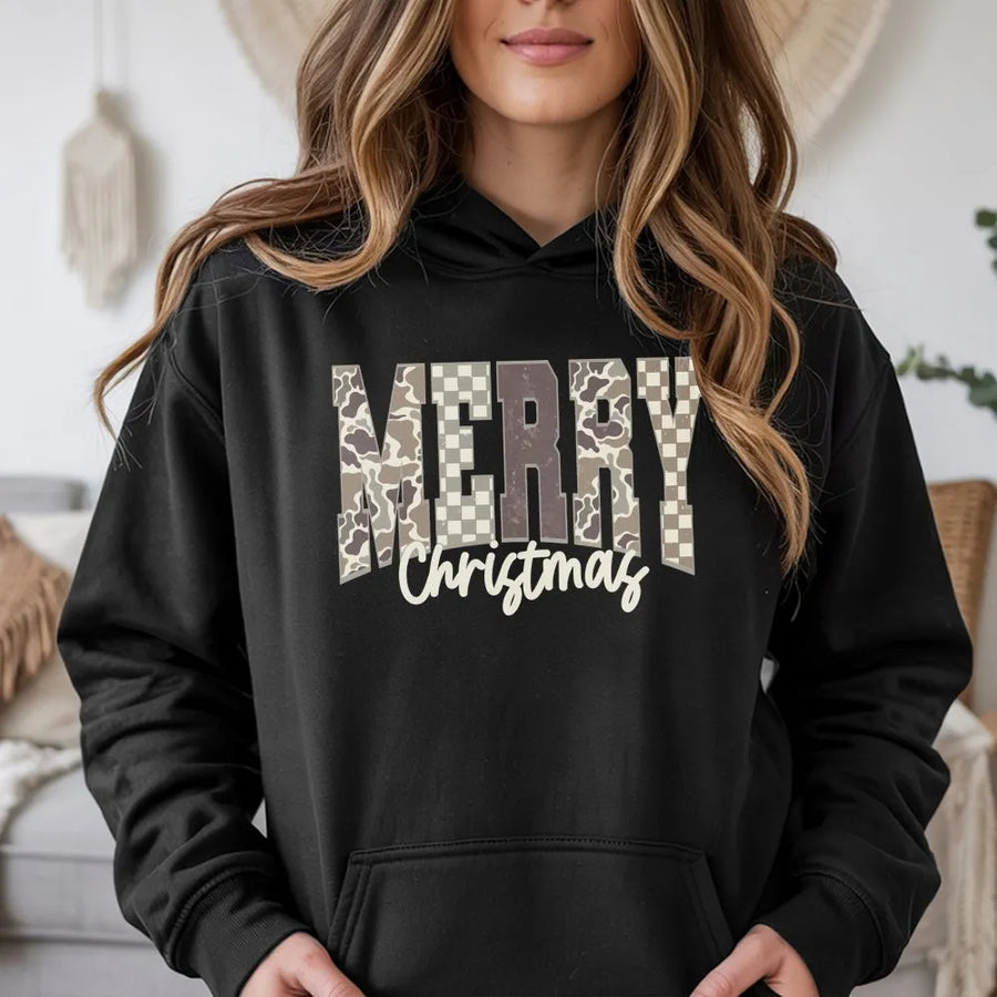 Merry Christmas Camo Hoodie | Trendy Camouflage Checkered Print | Premium Cotton-Blend Fleece | Cozy Holiday Gift for Her or Him