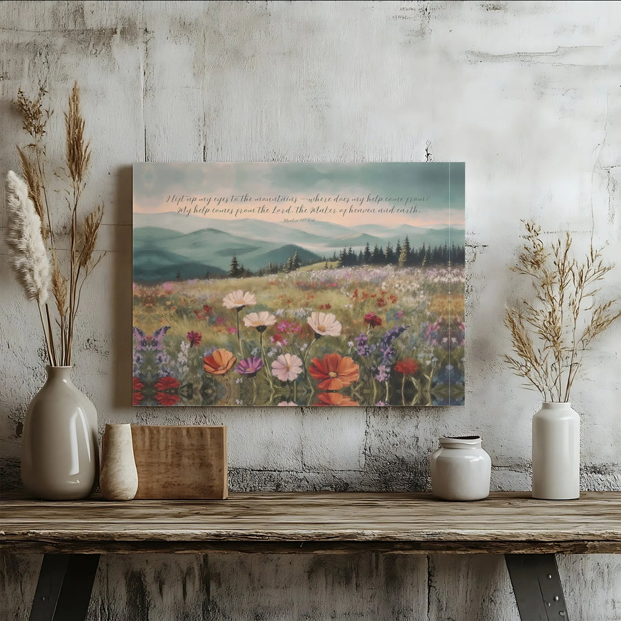 Psalm 121 Canvas Print | I Lift Up My Eyes Mountain Wildflower Art | Gallery Quality Framed Wall Decor | Christian Home Gift For Believers