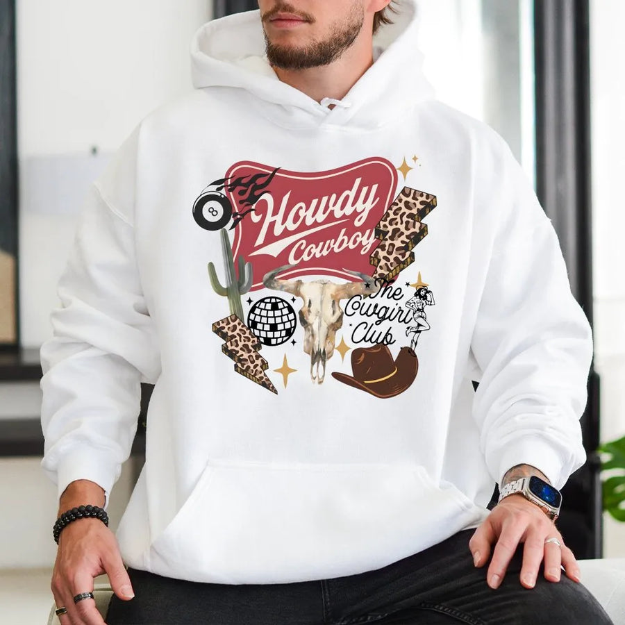 Western Collage Hoodie | Cowgirl Club Graphic with Cowboy Skull & Disco Ball | Premium Cotton Blend Sweatshirt | Country Concert Gift for Women