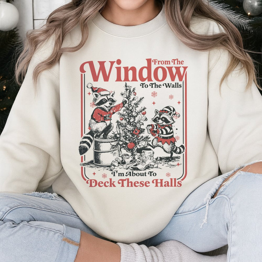 Raccoon Christmas Sweatshirt | Funny Deck The Halls Holiday Graphic | Unisex Cotton Blend Crewneck | Cute Trash Panda Winter Gift For Men Women