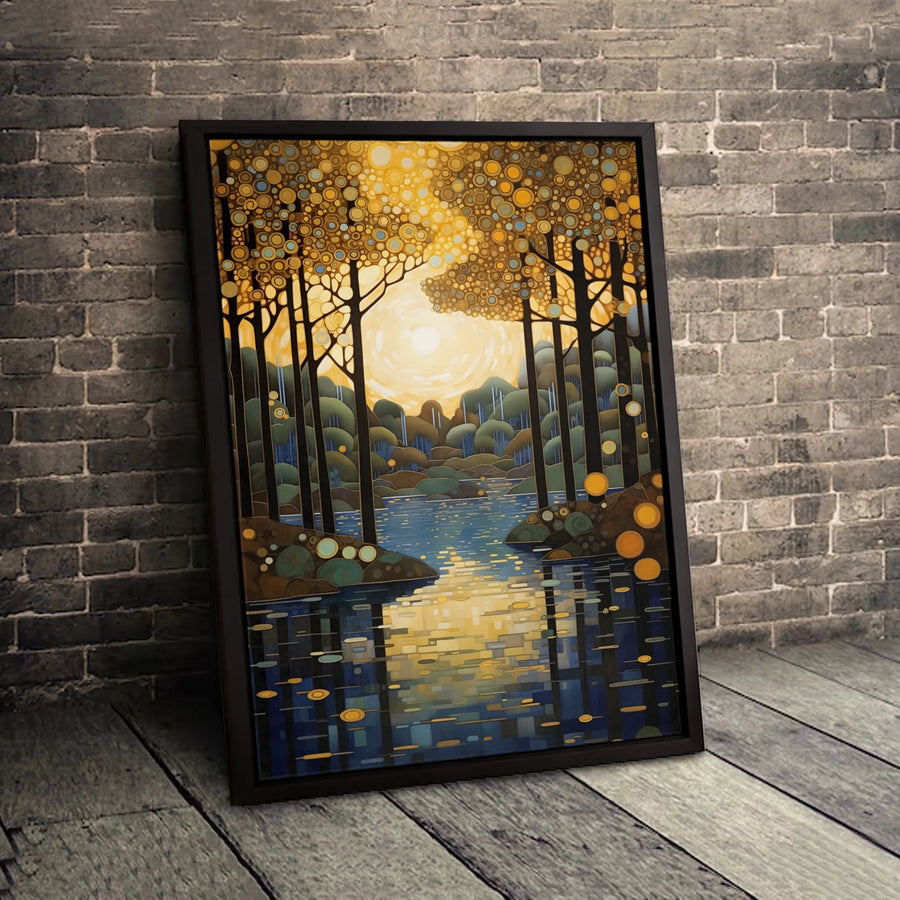 Abstract Forest Canvas Art | Gold Sunrise River Reflection | Premium Gallery Wrapped Decor | Modern Nature Landscape Wall Print