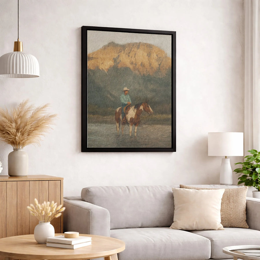Western Cowboy Canvas Art | Moody Mountain Landscape Wall Decor | Premium Gallery Wrap Print | Rustic Ranch Home Office Gift