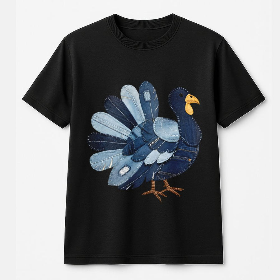 Patchwork Denim Turkey T-Shirt | Rustic Farmhouse Fall Graphic Tee | 100% Soft Cotton Premium Quality | Thanksgiving Gift For Her And Him