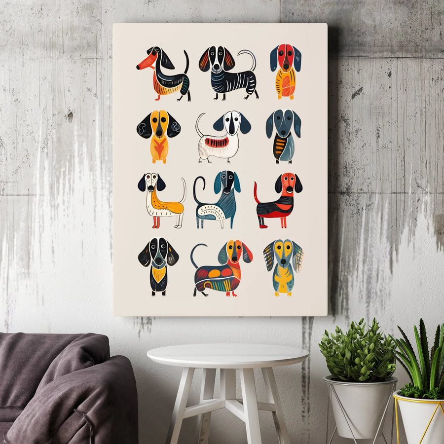 Dachshund Wall Art Canvas | Folk Art Colorful Dog Print | Premium Fade-Resistant Gallery Wrap | Gift for Wiener Dog Lovers & Pet Owners