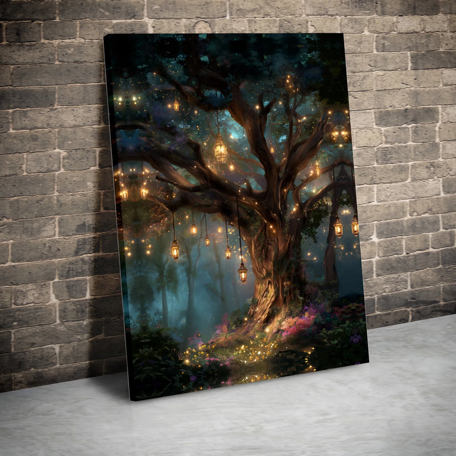 Enchanted Forest Canvas Print | Magical Glowing Lantern Tree Wall Art | Premium 1.25" Gallery Wrap | Fantasy Home Decor Gift