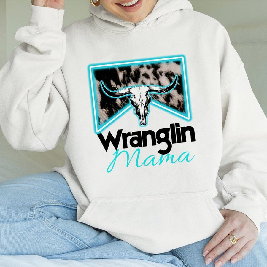 Wranglin Mama Hoodie | Western Cow Skull Graphic & Cow Print | Cotton-Polyester Blend | Trendy Country Mom Gift