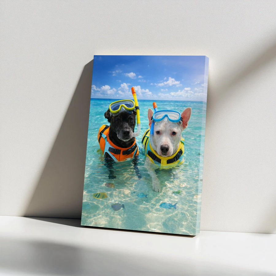 Snorkeling Dogs Canvas Wall Art | Funny Tropical Beach Scene | Premium Gallery Wrap Canvas | Gift for Dog Lover & Coastal Home Decor