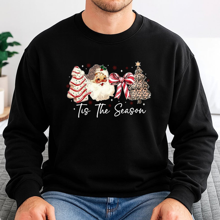 Tis The Season Christmas Sweatshirt | Leopard Print Santa & Bow Graphic | Premium Cotton Blend | Holiday Gift For Women & Family