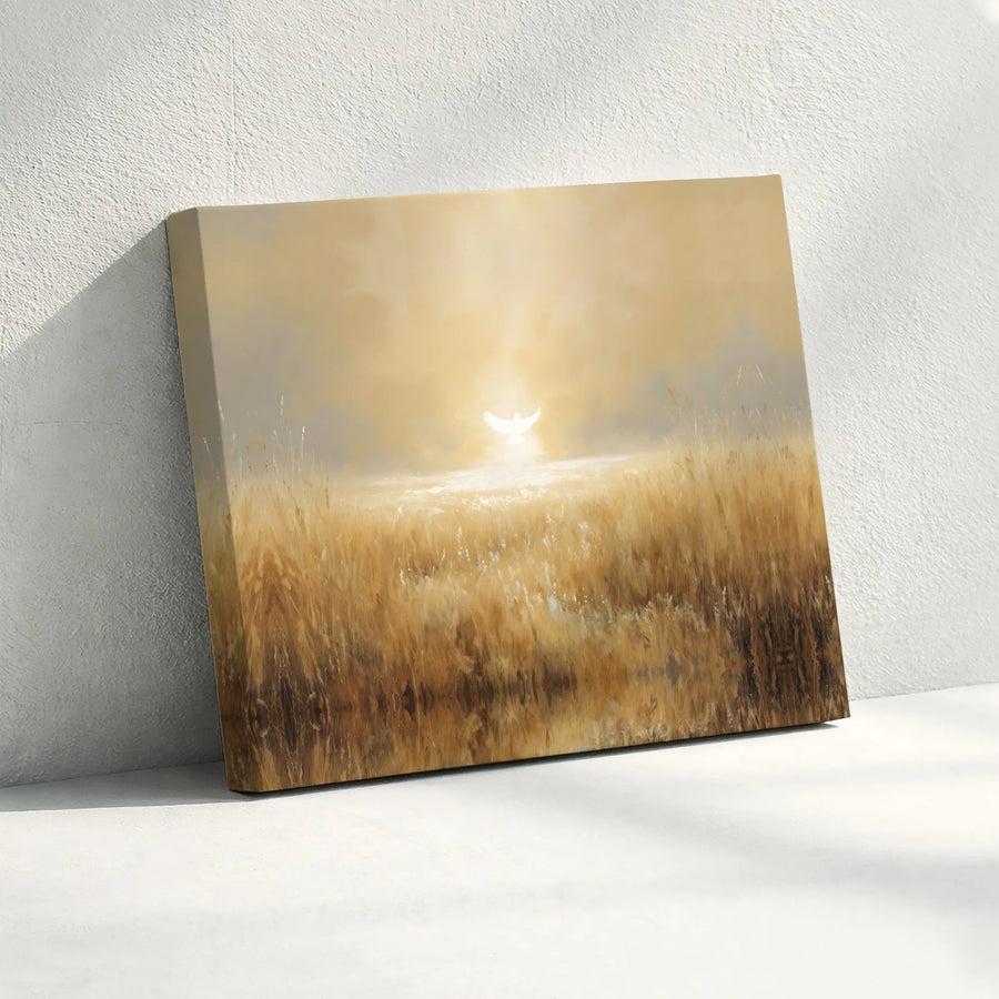 White Dove Canvas Wall Art | Holy Spirit Sunrise Wheat Field | Premium Gallery Wrap Print | Religious Christian Home Decor Gift