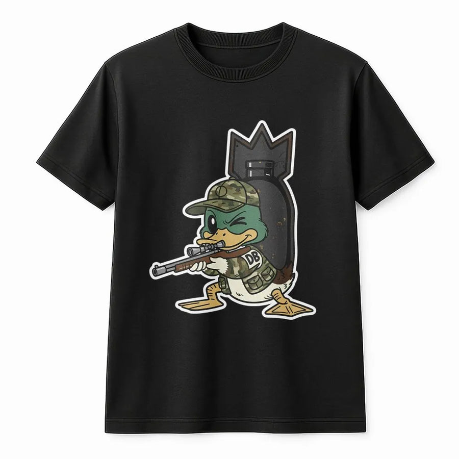 Camo Duck Hunter T-Shirt | Tactical Mallard Sniper Cartoon Graphic | Premium Cotton Fieldwear | Funny Waterfowl Hunting Gift for Outdoorsmen