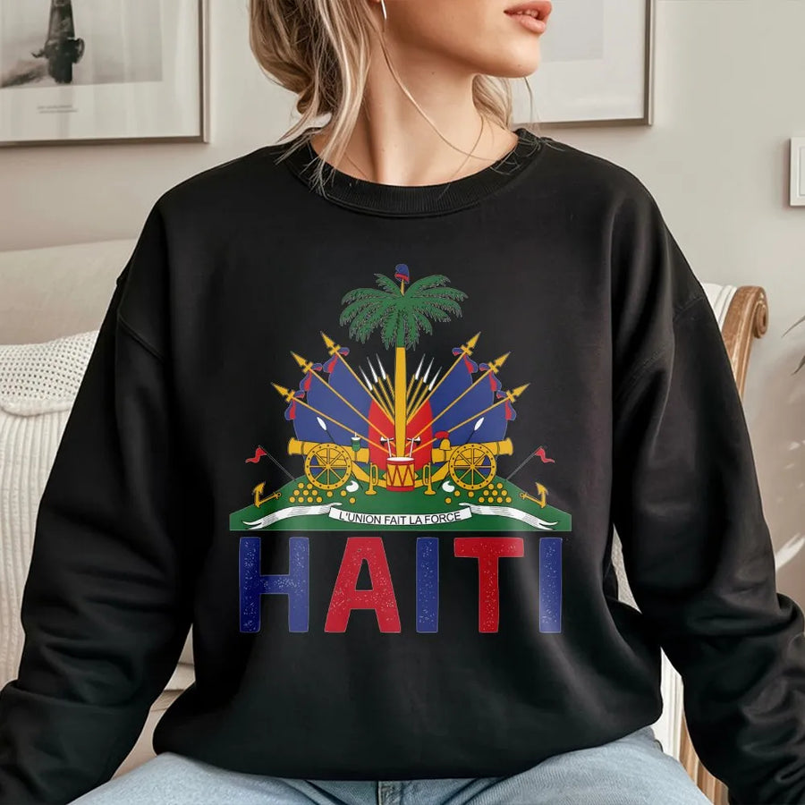 Haitian Pride Sweatshirt | Vintage Haiti Coat of Arms Graphic | Soft 100% Cotton | Freedom Began With Us Patriotic Gift