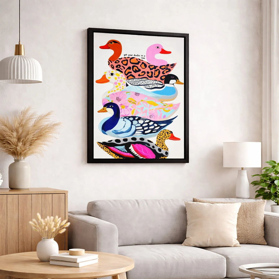 Colorful Duck Wall Art Canvas | Get Your Ducks In A Row Whimsical Design | Premium 1.25 Inch Gallery Wrap | Modern Home Decor Gift