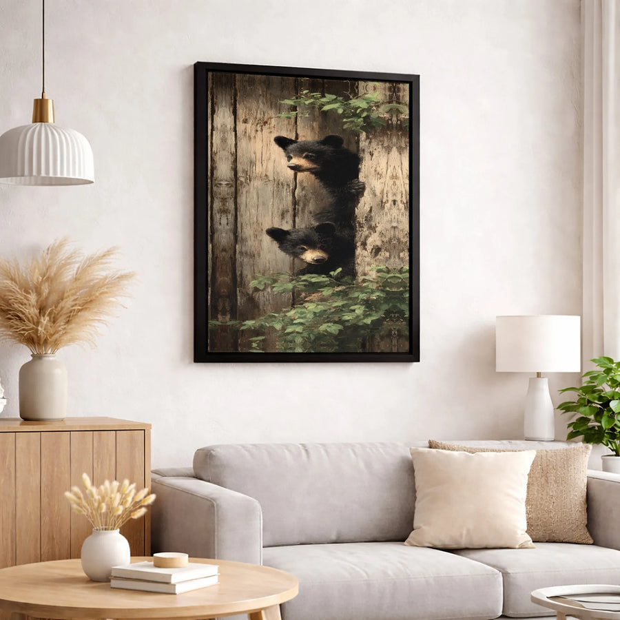Black Bear Cubs Wall Art | Realistic Wildlife Forest Print | Premium 1.25-Inch Gallery Canvas | Rustic Nature Decor for Cabin or Home