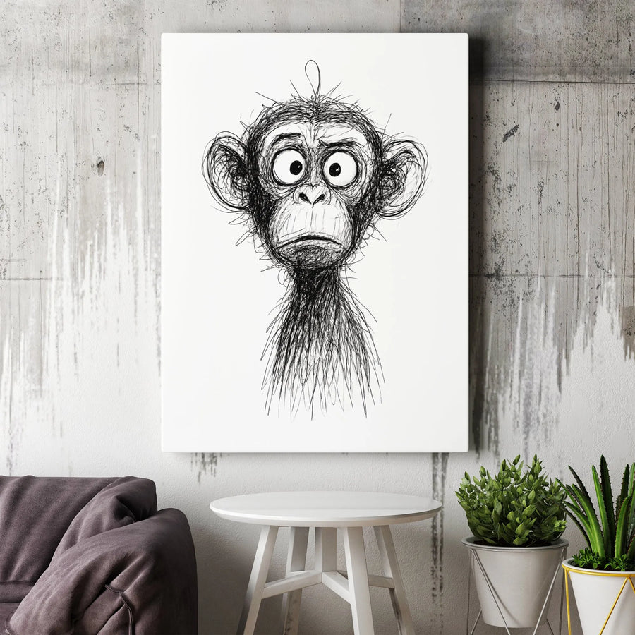Funny Monkey Canvas Wall Art | Minimalist Scribble Line Drawing | Premium Gallery Wrap Print | Modern Home Decor Gift for Animal Lovers