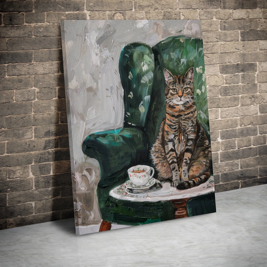 Tabby Cat Wall Art | Impressionist Green Armchair Teacup Painting | Gallery Wrap Premium Canvas | Whimsical Pet Lover Gift for Living Room Decor