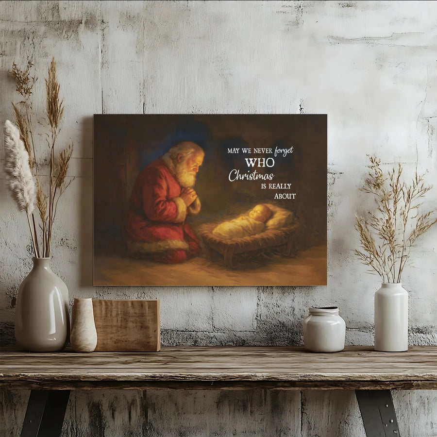 Kneeling Santa With Baby Jesus Canvas | Religious Christmas Wall Art | Premium Fade-Resistant Print | Meaningful Holiday Decor Gift