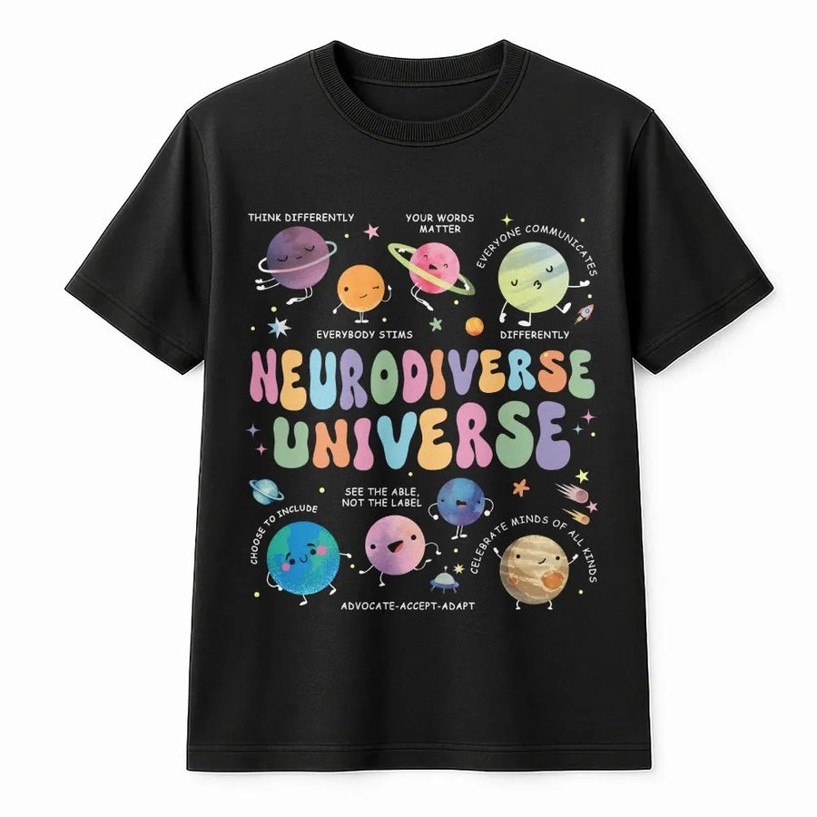 Neurodiverse Universe T-Shirt | Colorful Planets Graphic Tee | Soft Premium Cotton | Autism Awareness Gift for Sped Teacher