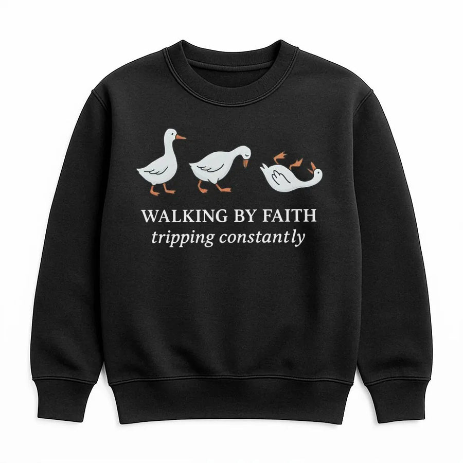 Walking By Faith Tripping Constantly Sweatshirt | Funny Christian Goose Graphic | Premium Cotton Blend Crewneck | Religious Gift for Men and Women