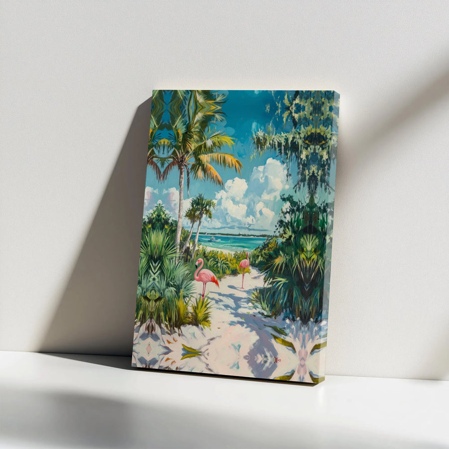 Tropical Flamingo Canvas Wall Art | Vibrant Coastal Painting Print | Thick Gallery Wrapped Canvas | Beach House & Living Room Decor Gift