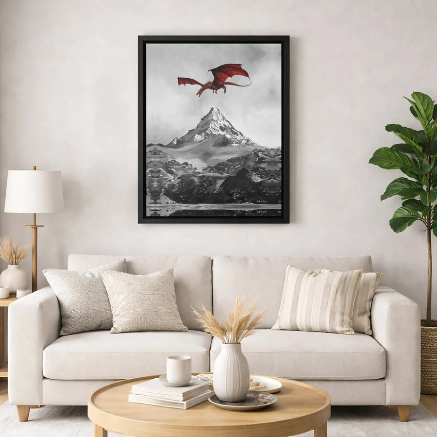 Red Dragon Canvas Wall Art | Snowy Mountain Fantasy Landscape Print | 1.25 Inch Gallery Wrap | Gift for Fantasy Fans & Gamer Room Decor