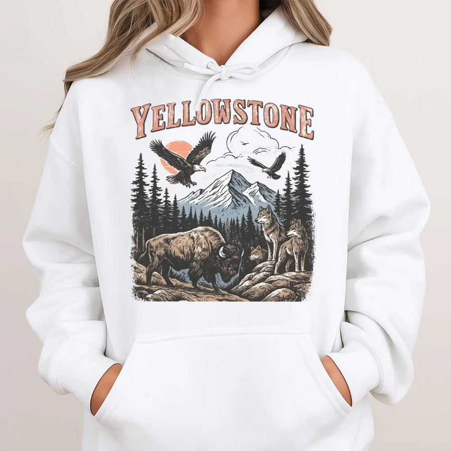 Vintage Yellowstone Hoodie | Retro 90s Wildlife Graphic with Bison & Wolves | Soft Cotton Blend Pullover | National Park Souvenir Gift