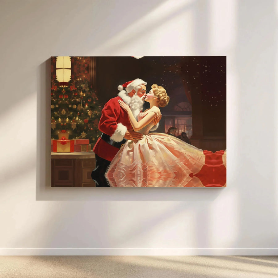 Vintage Santa Claus Kissing Woman Canvas Art | Retro Holiday Romantic Wall Decor | Premium 1.25" Gallery Wrap | Festive Christmas Gift for Home