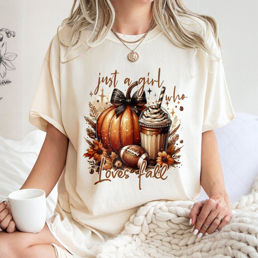 Just A Girl Who Loves Fall T-Shirt | Pumpkin Spice Latte & Football Graphic | 100% Cotton Premium Tee | Autumn Birthday Gift for Her