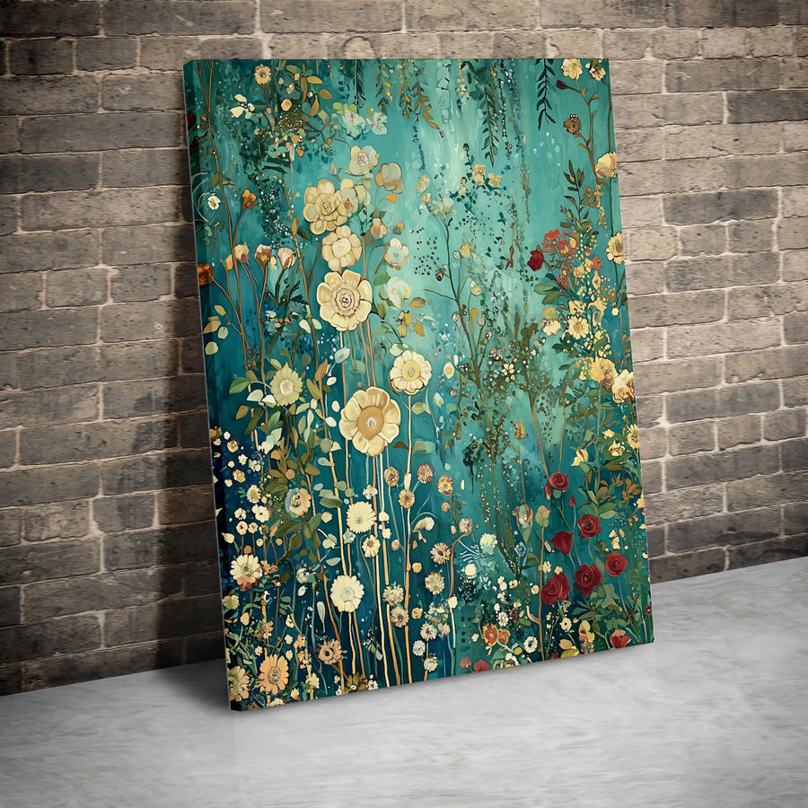 Teal and Gold Wildflower Canvas Art | Modern Botanical Meadow Painting | Premium Gallery-Wrapped Floral Wall Decor | Nature-Inspired Home Gift