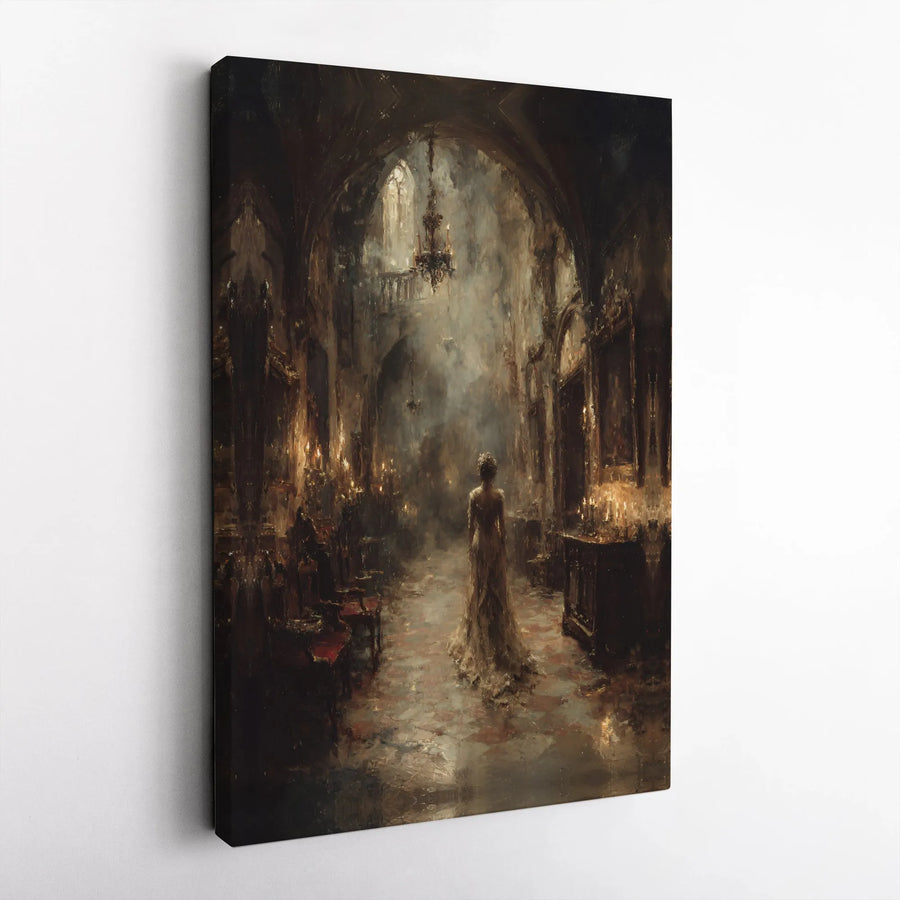 Gothic Cathedral Wall Art | Woman In Ballgown Oil Painting Style | 1.25 Inch Gallery Wrapped Canvas | Moody Dark Academia Home Decor