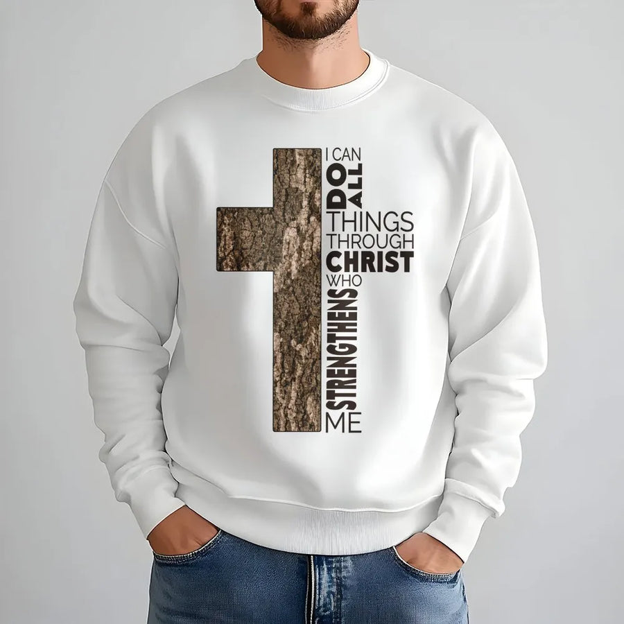 I Can Do All Things Through Christ Sweatshirt | Tree Bark Cross Graphic Design | Premium Cotton Blend | Faith-Based Religious Christian Gift for Men and Women