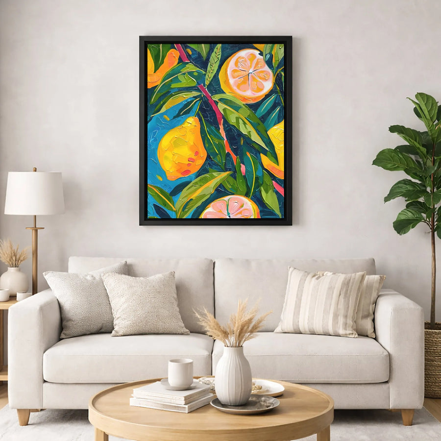 Lemon Wall Art Canvas | Abstract Citrus Fruit Oil Painting Style | Premium Gallery Wrap 1.25 Inch Profile | Kitchen Decor Housewarming Gift