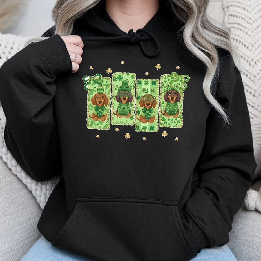 Dachshund St Patrick's Day Hoodie | Cute Lucky Shamrock Sausage Dog Graphic | Premium Cotton Blend Unisex Sweatshirt | Gift For Dog Lovers