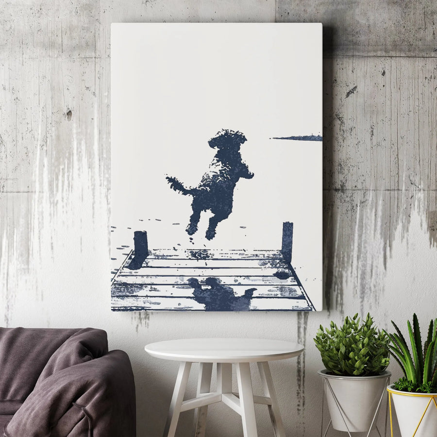 Dog Jumping Into Water Canvas Art | Minimalist Dock Silhouette Print | Premium 1.25" Gallery Wrap | Modern Pet Lover Home Decor Gift